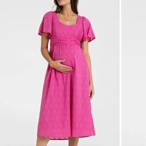 Seraphine Broderie Anglaise Maternity Nursing Midi Dress Pink 100% Cotton US 4